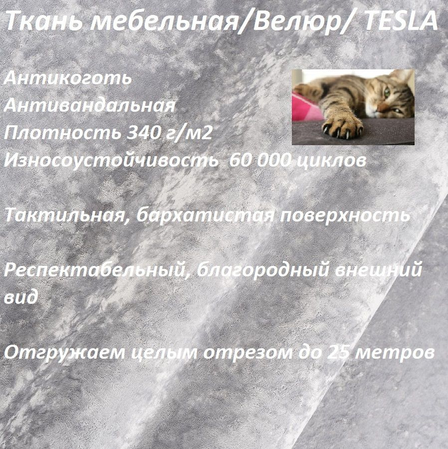 ОТРЕЗ 5 МЕТРОВ Ткань мебельная, велюр, обивочная, антикоготь TESLA_16 светло-серый  #1