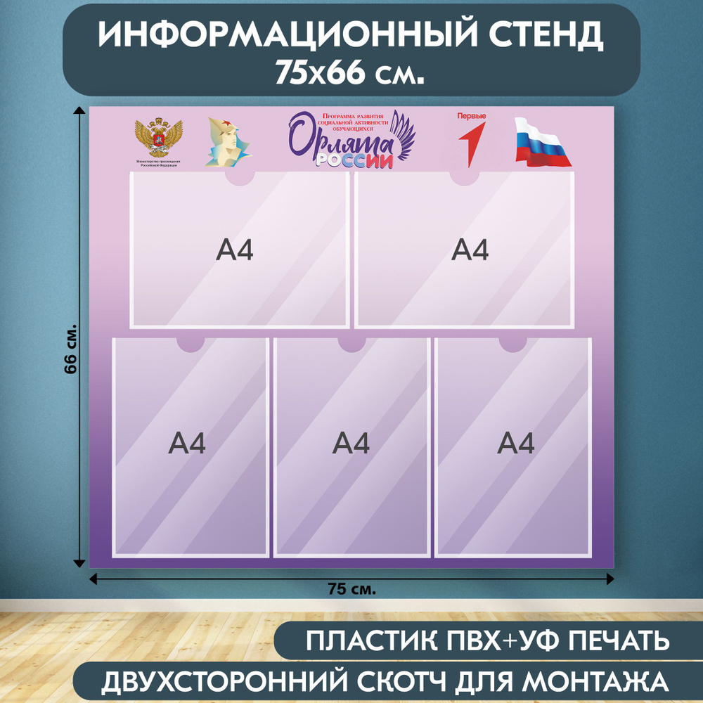 "Орлята России" стенд информационный, фиолетовый, 750х660 мм., 5 карманов А4  #1