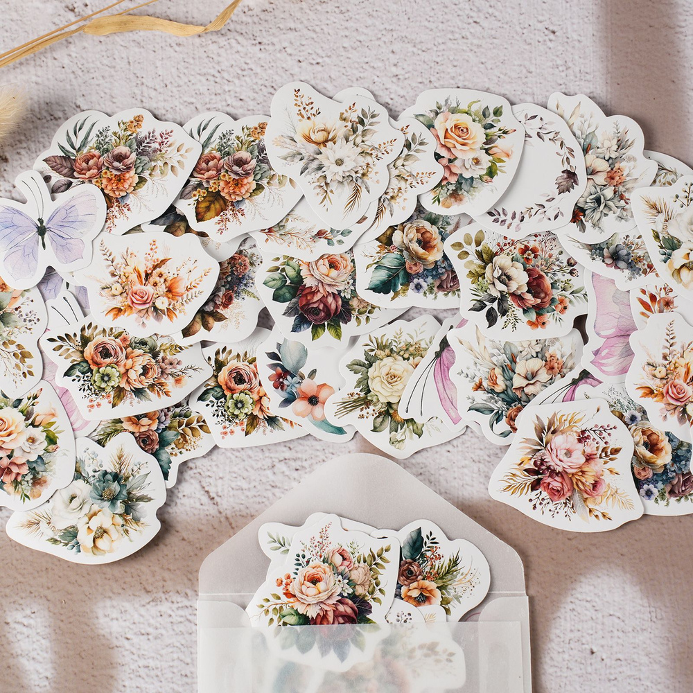 Набор наклеек стикеров "Цветы" 46 шт, наклейки для скрапбукинга ...