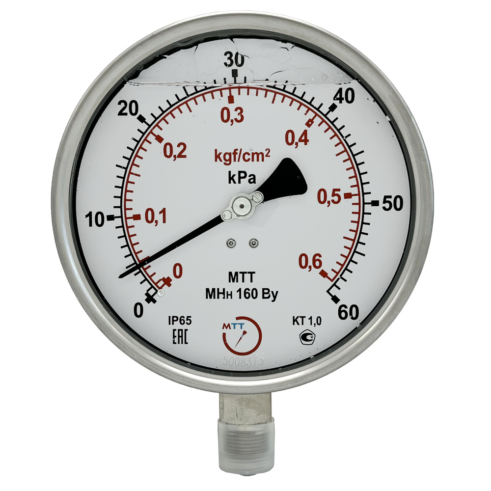 Манометр виброустойчивый из нержавеющей стали МНн160 от 0 до 60 кПа (0,6 бар), резьба М20х1,5 класс точности #1