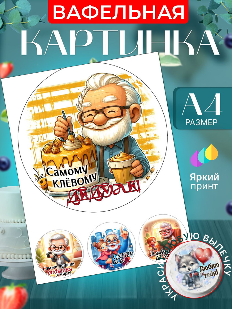 Вафельная картинка для торта на день рождения дедушке. Украшение для торта в подарок дедушке на праздник. #1
