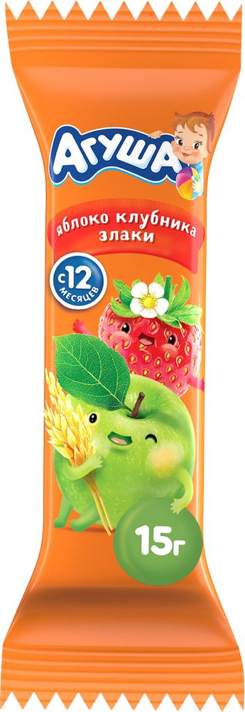 Батончик фруктово-злаковый АГУША Полезный перекус, Яблоко, клубника и ...