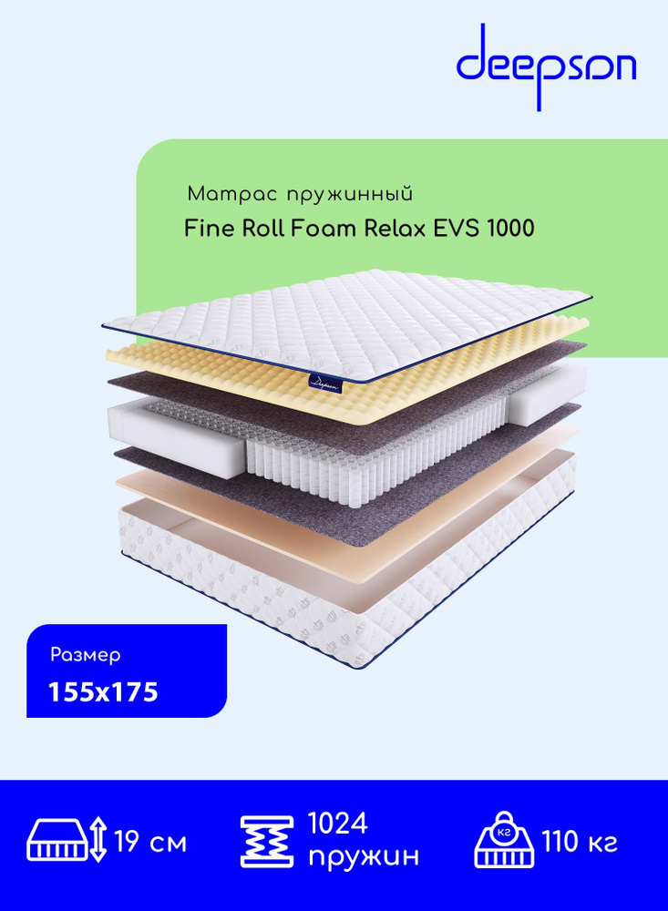 Матрас, Ортопедический матрас, Deepson Fine Roll Foam Relax EVS 1000 средней жесткости, Двуспальный, #1