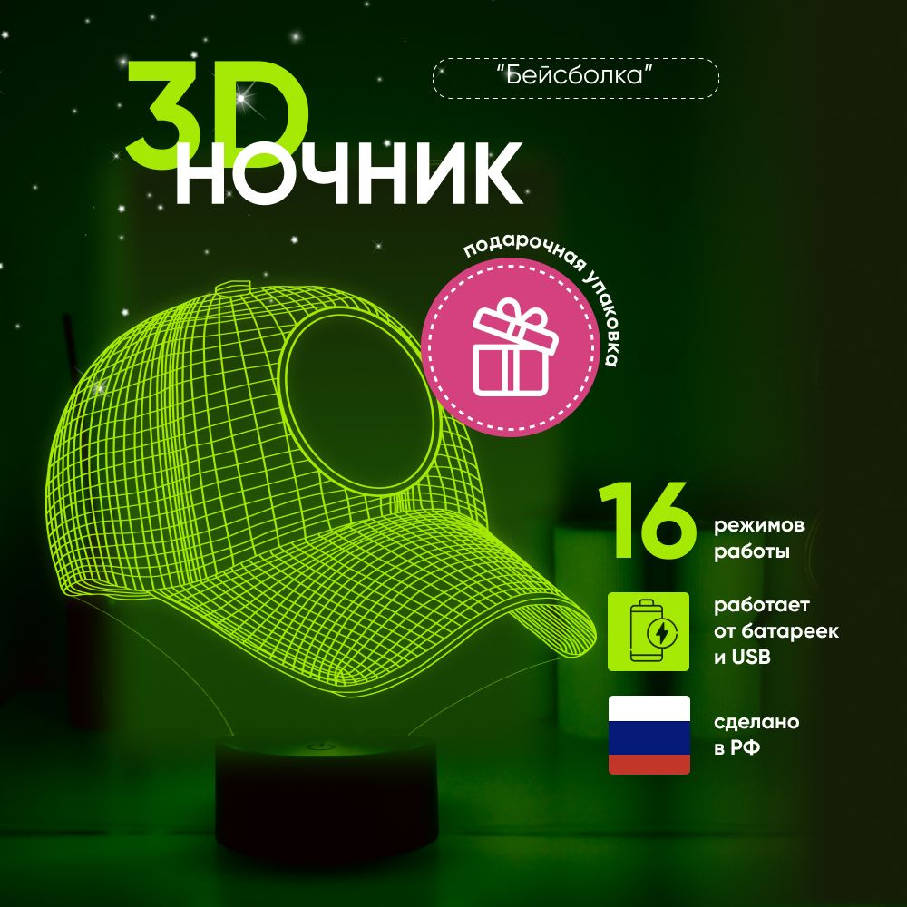 Ночник 3D ЛАМПАНОЧИ, светильник 3Д, Бейсболка #1