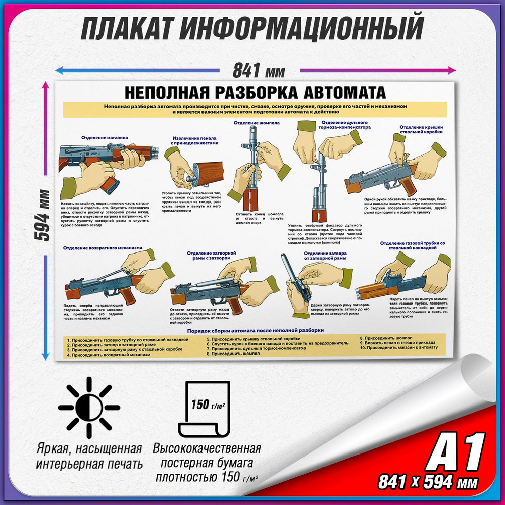 Информационный учебный плакат "Неполная разборка автомата Калашникова" / А1 (84x60 см.)  #1