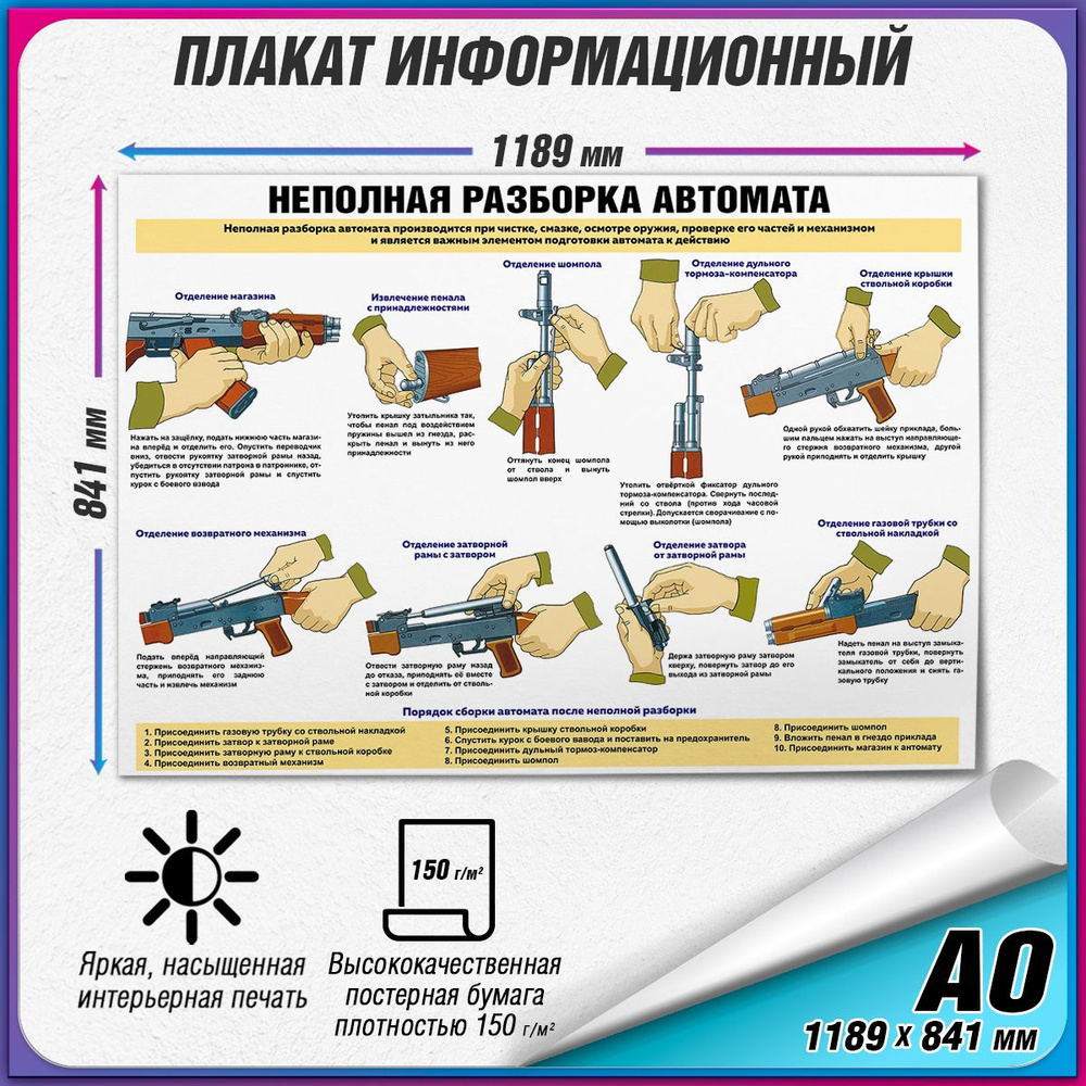 Информационный учебный плакат "Неполная разборка автомата Калашникова" / А0 (119x84 см.)  #1