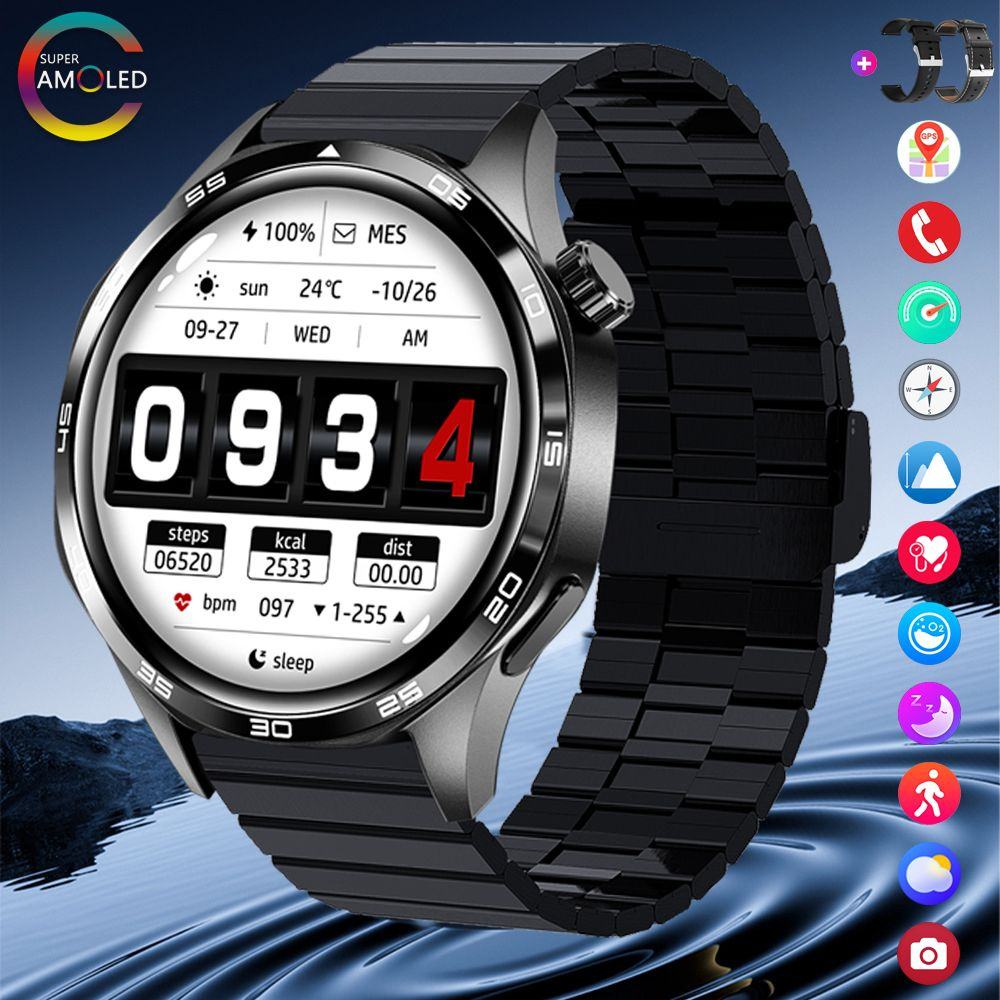 SACOSDING Умные часы Cмарт часы amoled, 47mm, Черная сталь A+3 ремня  #1