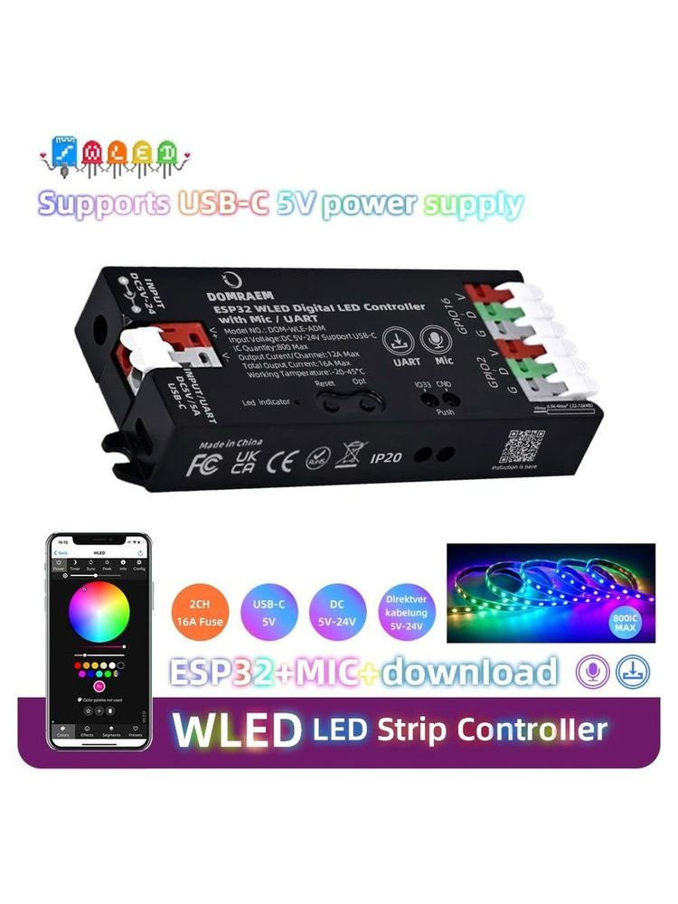 DOMRAEM ESP32 WLED контроллер для цифровой LED-ленты (версия MIC/чёрный корпус), интерфейс прошивки USB-C #1