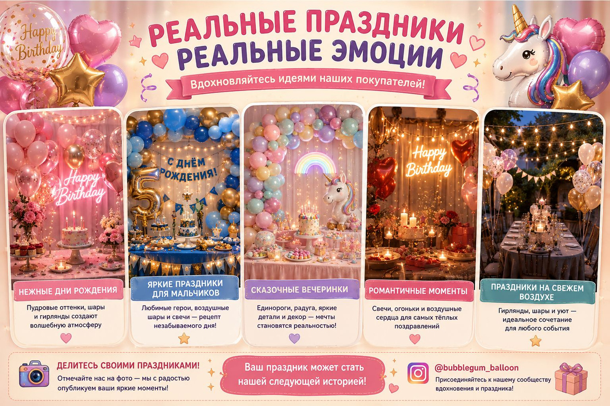 Примеры оформления праздников и дней рождения с использованием воздушных шаров и праздничных украшений.