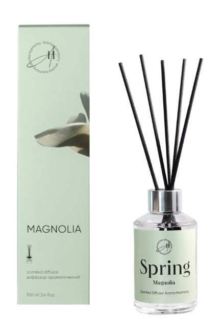 Aroma Harmony, Ароматический диффузор Spring Magnolia 100 мл. Аромадиффузор с деревянными палочками - это безопасный, экологически чистый и натуральный способ ароматизации помещений. Ароматический диффузор Aroma Harmony является прекрасной альтернативой ароматизированным спреям. Способ применения: вставить палочки из ротанга во флакон. Постепенно, насыщаясь эфирными маслами они начнут распространять аромат в помещении. Палочки важно применять сразу все и периодически переворачивать (1-2 раза в сутки).