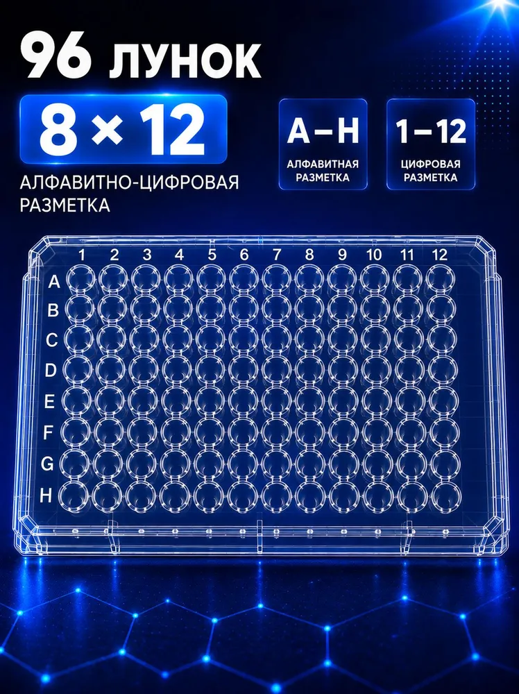 Планшет иммунологический, U-образный (круглое дно), лабораторный, стерильный, 96 лунок, с крышкой, 1 шт./уп., 1 шт, фото 3