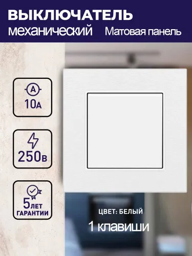 Выключатель механический одноклавишный с матовая рамкой, белый 1 пост