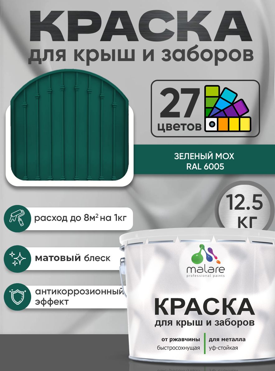 Краска по металлу Malare для крыш и заборов по ржавчине, для наружных работ, быстросохнущая износостойкая RAL 6005 зелёный мох, матовая, 12,5 кг