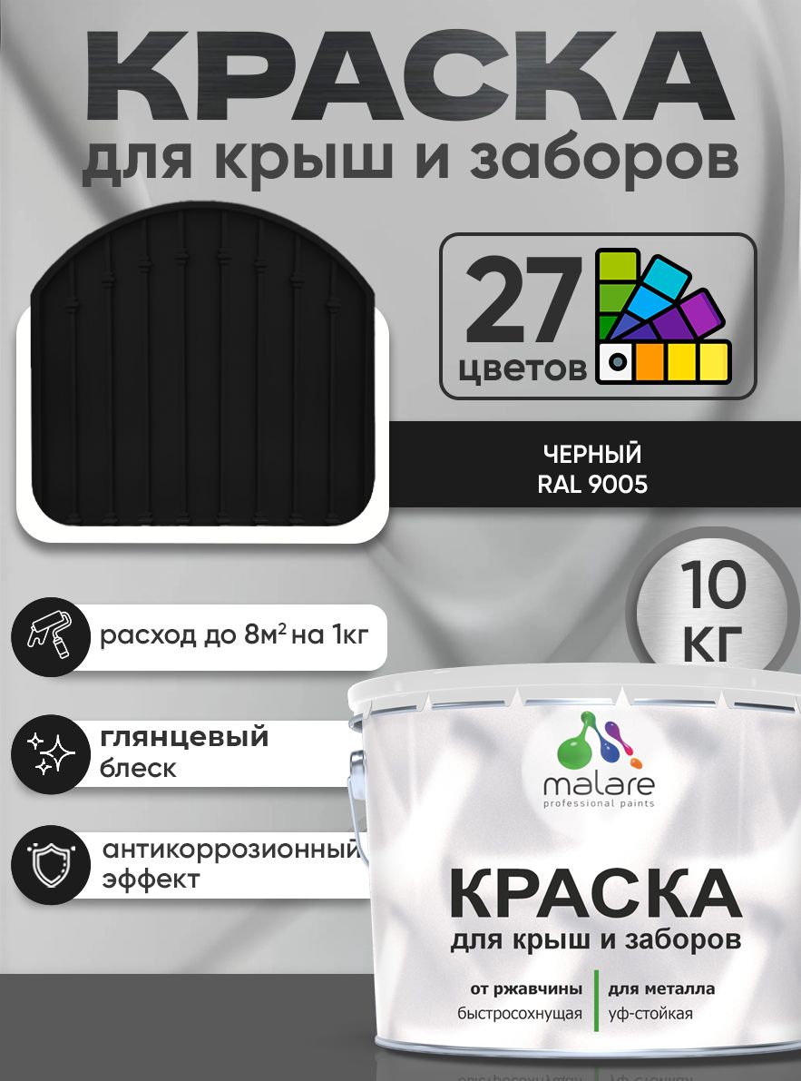 Краска по металлу Malare для крыш и заборов по ржавчине, для наружных работ, быстросохнущая износостойкая RAL 9005 черный, глянцевая, 10 кг