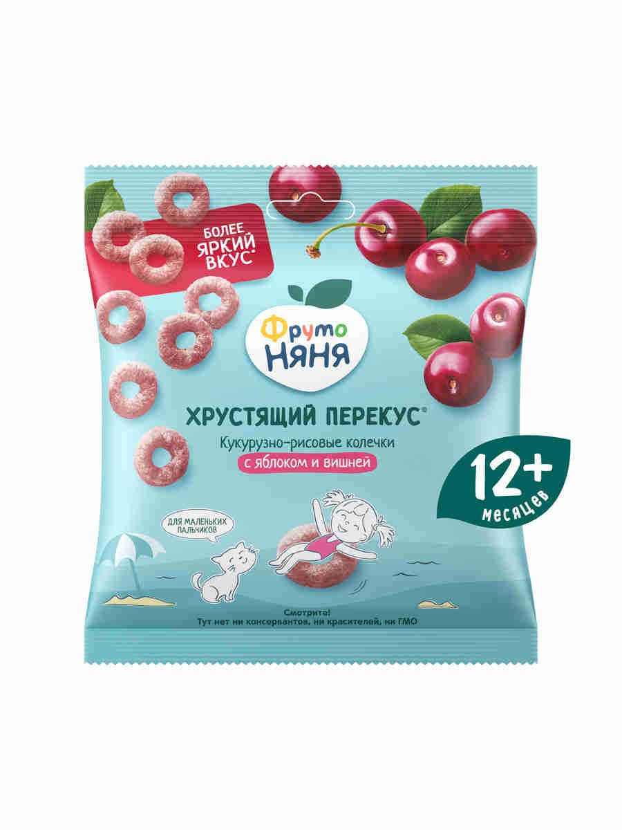 Хрустящий перекус ФрутоНяня Кукурузно-рисовые колечки с яблоком и вишней, 21г