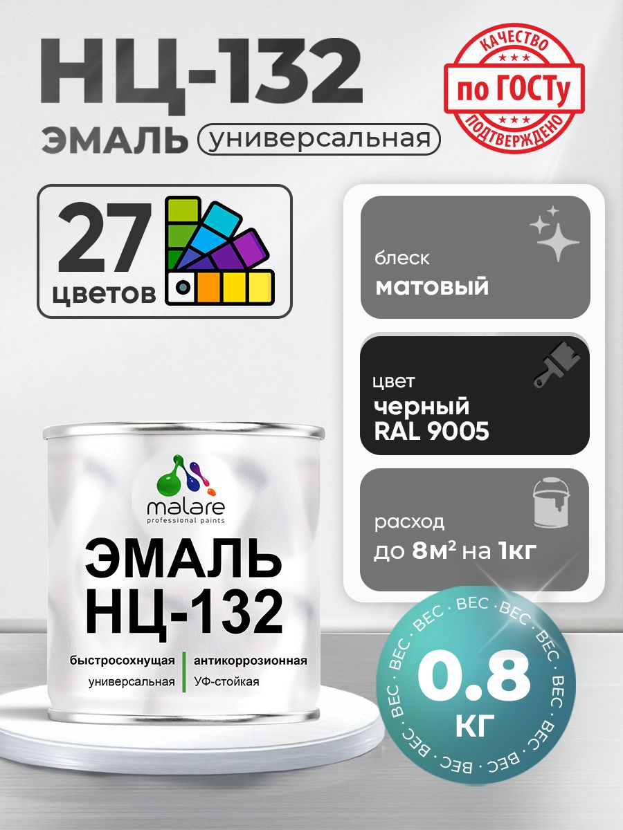 Эмаль Malare НЦ-132 краска для металла по дереву для минеральных поверхностей для внутренних и наружных работ антикоррозионная быстросохнущая RAL 9005, черный, матовая, 0,8 кг