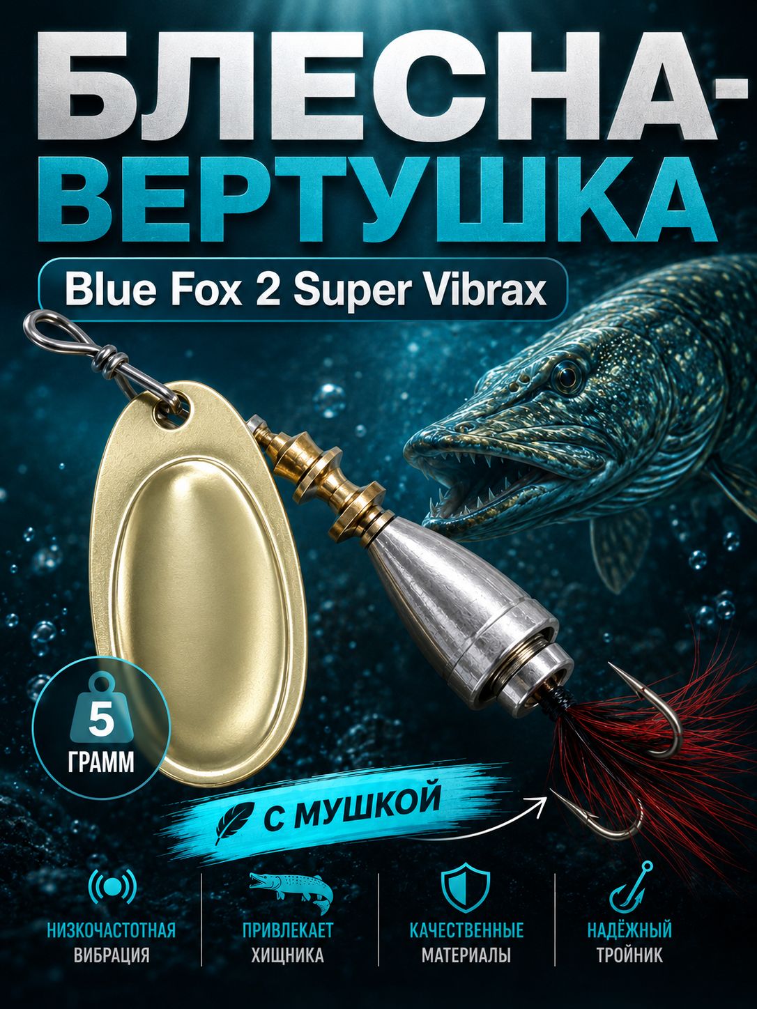 Блесна BLUE FOX № 2 с мушкой на щуку, жереха, судака