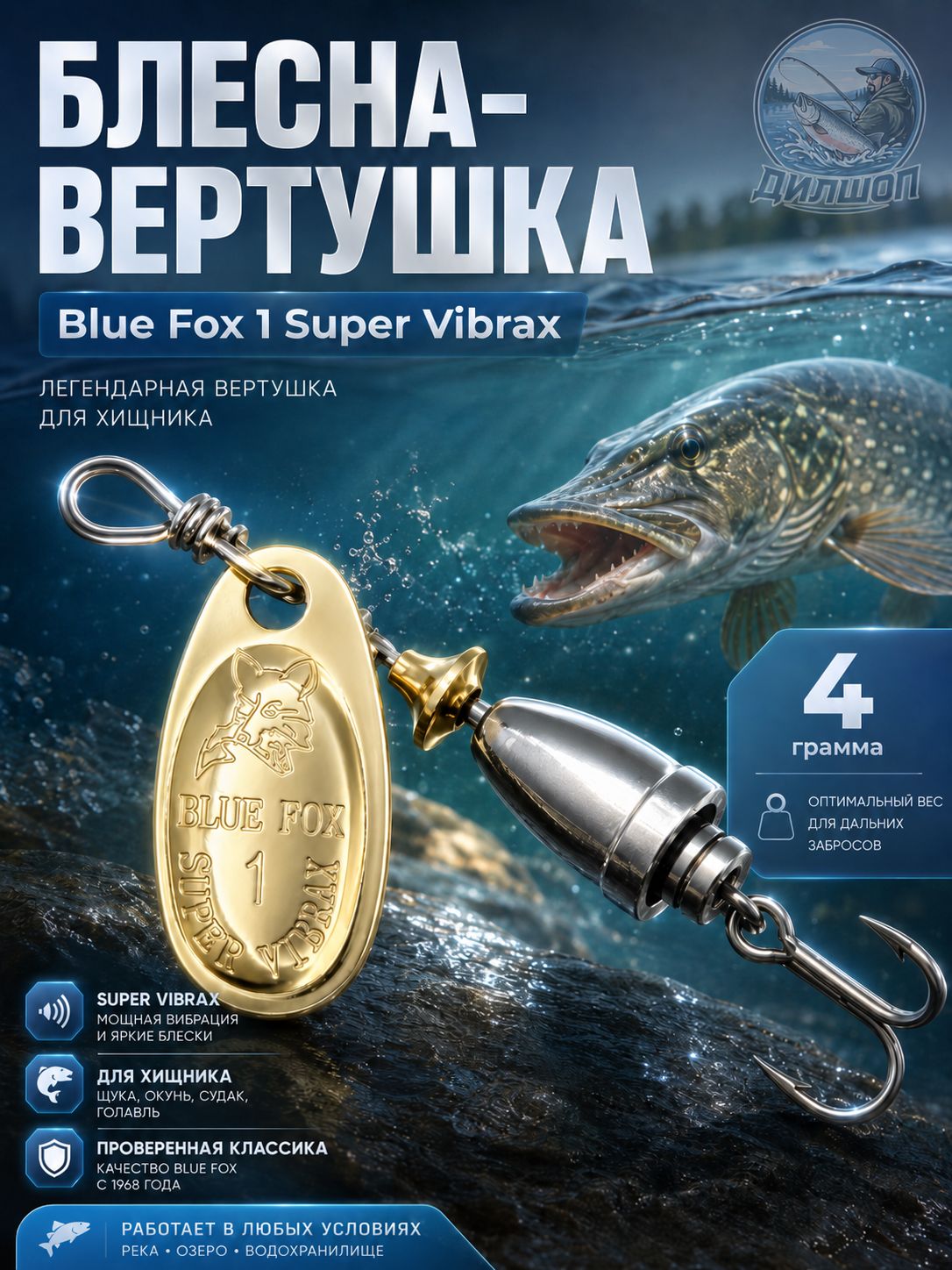 Блесна BLUE FOX № 1 на щуку, жереха, сома