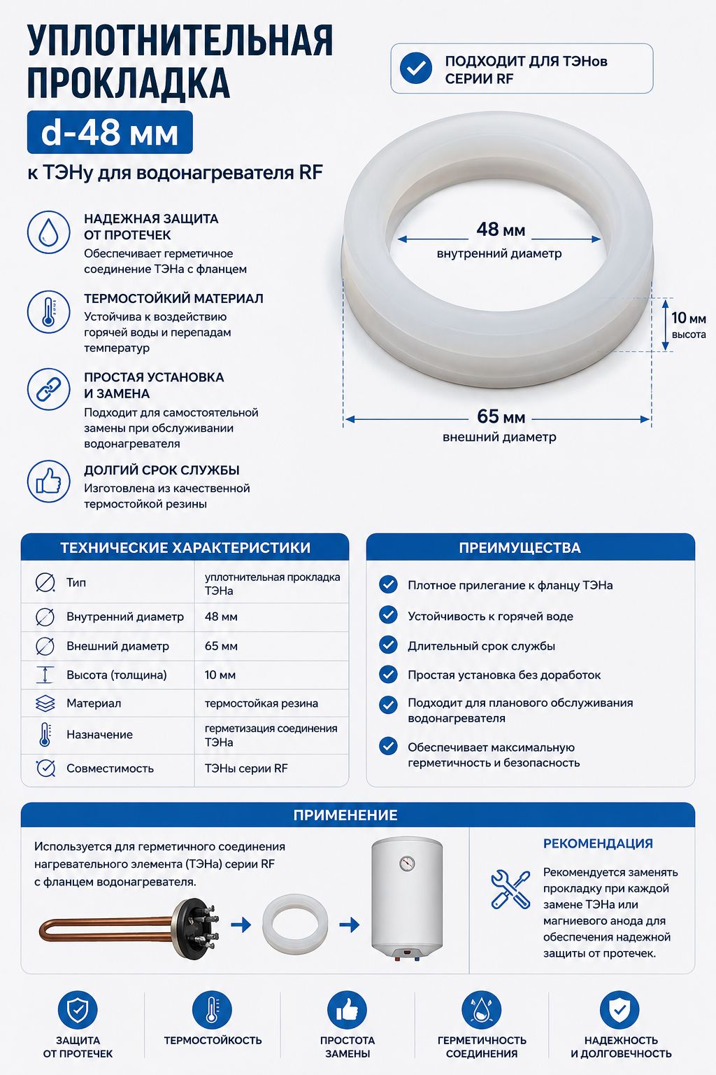 Уплотнительная прокладка d-48мм Термекс, к ТЭНу для водонагревателя RF