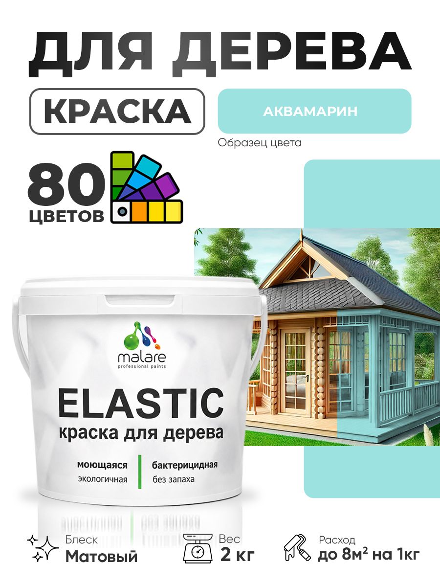 Акриловая краска для дерева Malare Elastic для наружных и внутренних работ, быстросохнущая без запаха, матовая, аквамарин, 2 кг