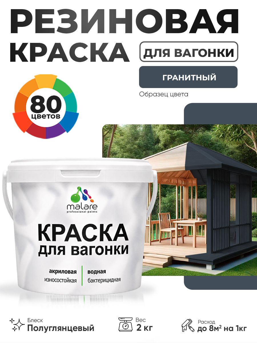 Резиновая краска для вагонки Malare для дерева, для фасадов и интерьера с антисептическим эффектом, быстросохнущая, без запаха, полуглянцевая, гранитный, 2 кг