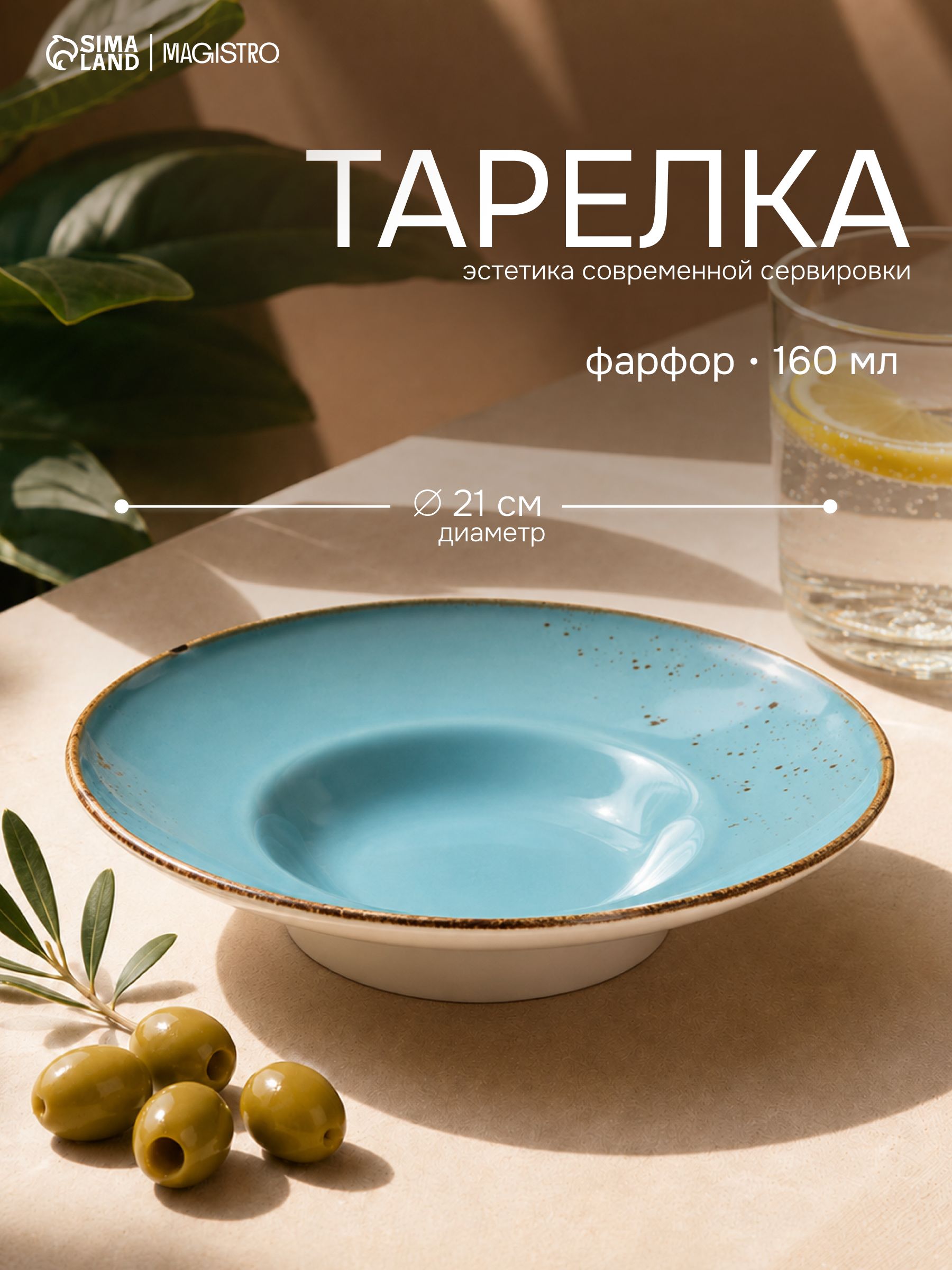 Тарелка для пасты, объем 160 мл, Magistro "Церера", фарфоровая с широким бортом, диаметр 21 см, голубая