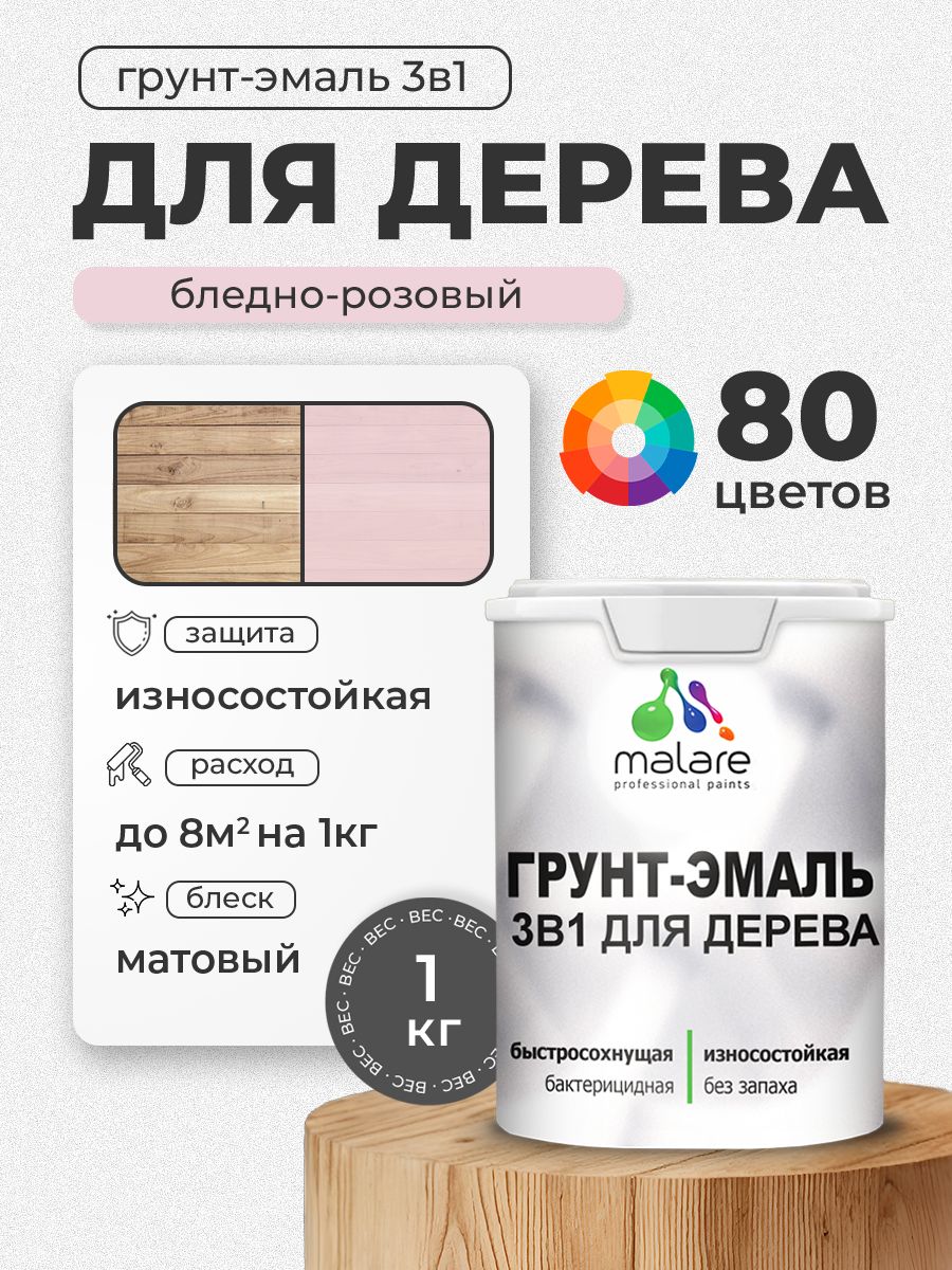Акриловая Грунт-Эмаль 3 в 1 Malare для деревянных поверхностей с антисептическим эффектом, быстросохнущая, моющаяся без запаха матовая, бледно-розовый, 1 кг