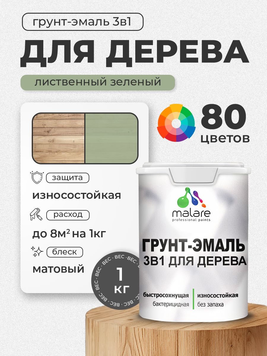 Акриловая Грунт-Эмаль 3 в 1 Malare для деревянных поверхностей с антисептическим эффектом, быстросохнущая, моющаяся без запаха матовая, лиственный зеленый, 1 кг