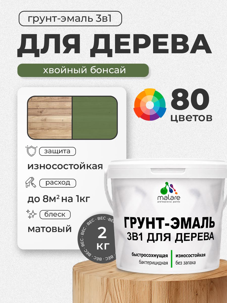 Акриловая Грунт-Эмаль 3 в 1 Malare для деревянных поверхностей с антисептическим эффектом, быстросохнущая, моющаяся без запаха матовая, хвойный бонсай, 2 кг