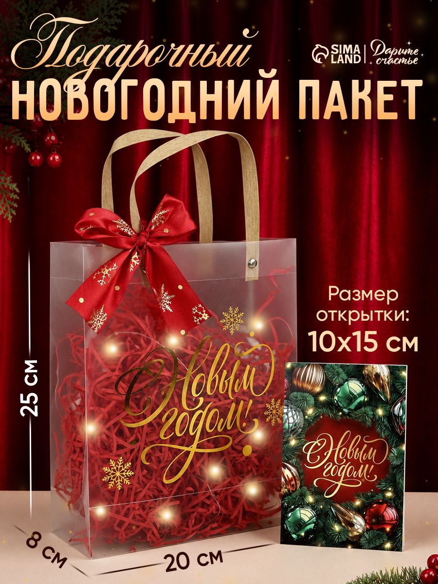 Пакет подарочный новогодний, с лентой и гирляндой, 20 х 8 х 25 см