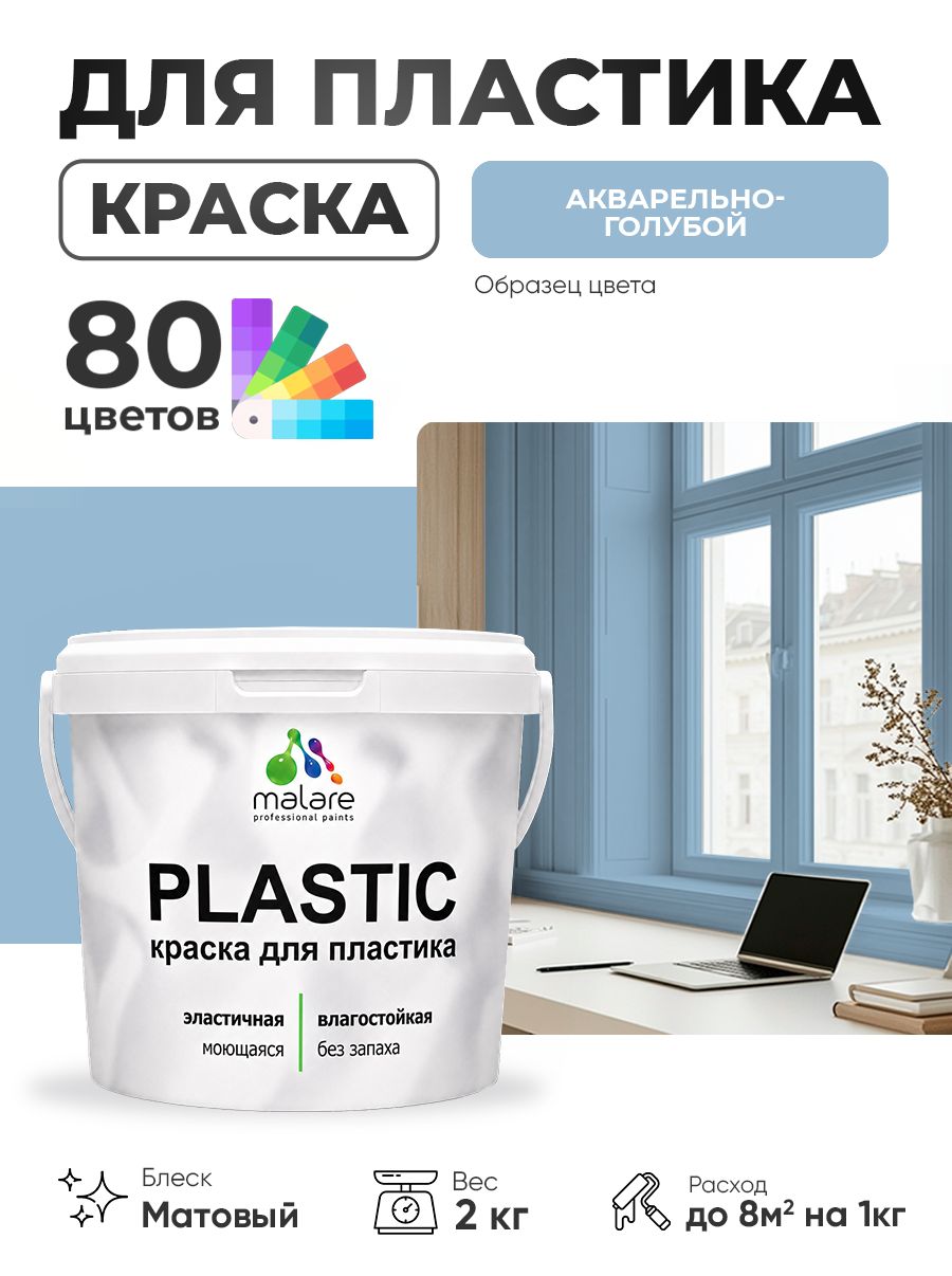 Акриловая краска для пластика Malare Plastic для пенопласта ПВХ сайдинга, для подоконников и откосов, быстросохнущая без запаха, матовая, акварельно-голубой, 2 кг