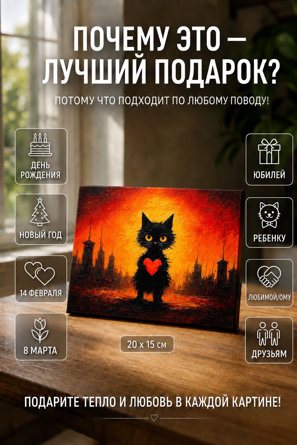 Котик с сердечком в огненном городе
