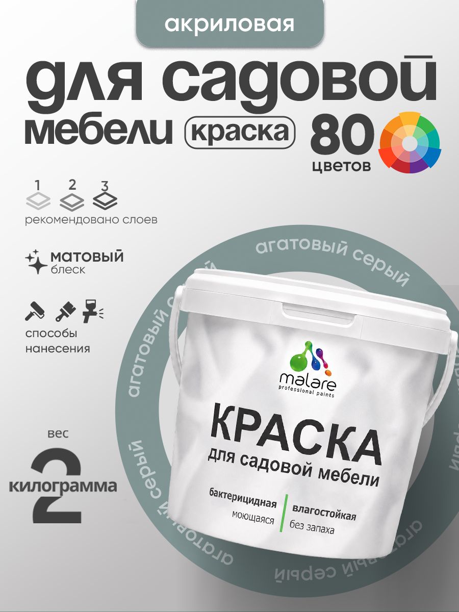 Акриловая краска Malare для садовой мебели/ по дереву, для наружных и внутренних работ/ быстросохнущая моющаяся без запаха матовая, агатовый серый, 2 кг
