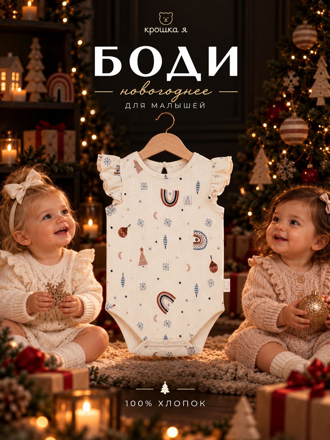 Новогоднее боди для малыша Крошка Я Новогодние игрушки детское боди с воланами, рост 74-80 см
