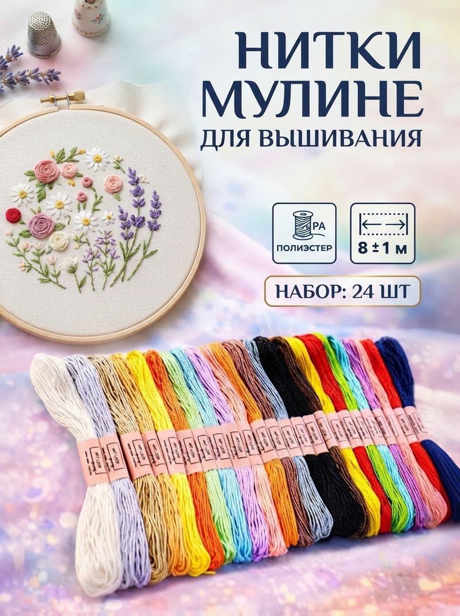 Мулине, нитки для вышивания, разноцветные, 8 м, набор 24 шт.