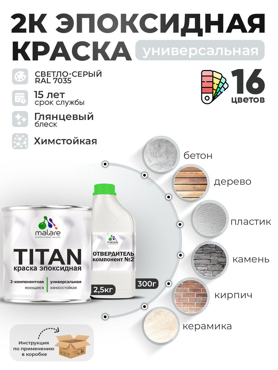 2К Эпоксидная краска Malare TITAN универсальная, двухкомпонентная влагостойкая высокопрочная износостойкая, RAL 7035 светло-серый, глянцевая, (2,5 кг + 0,3кг отвердитель)
