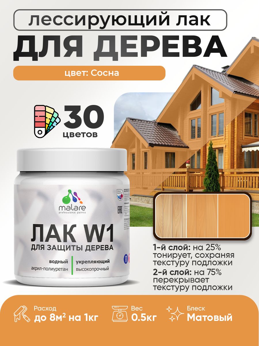 Лак колерованный тонирующий для дерева Malare W1 для деревянных и минеральных поверхностей, моющийся без запаха быстросохнущий, матовый, сосна, 0.5 кг.