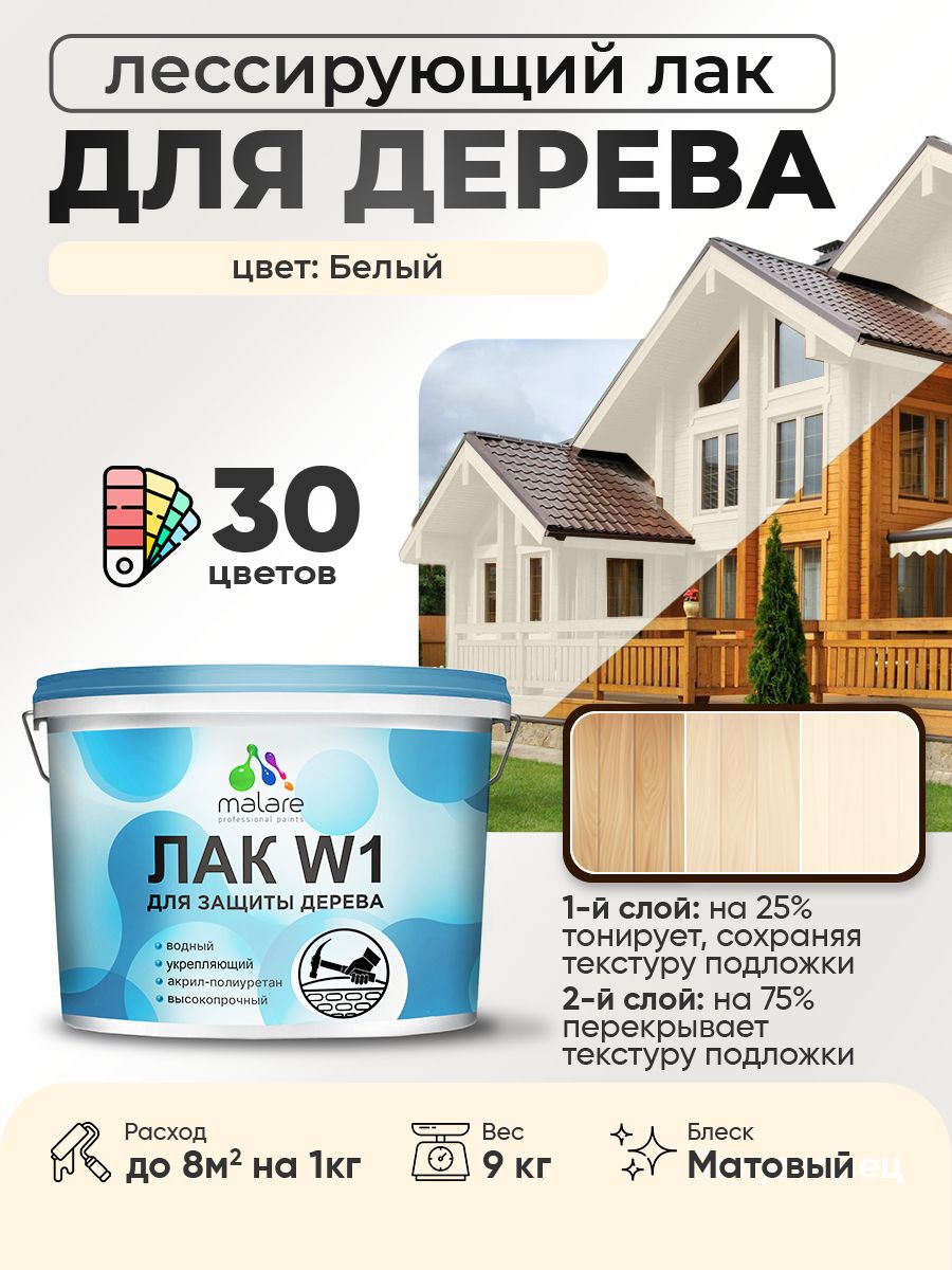 Лак колерованный тонирующий для дерева Malare W1 для деревянных и минеральных поверхностей, моющийся без запаха быстросохнущий, матовый, белый, 9 кг.