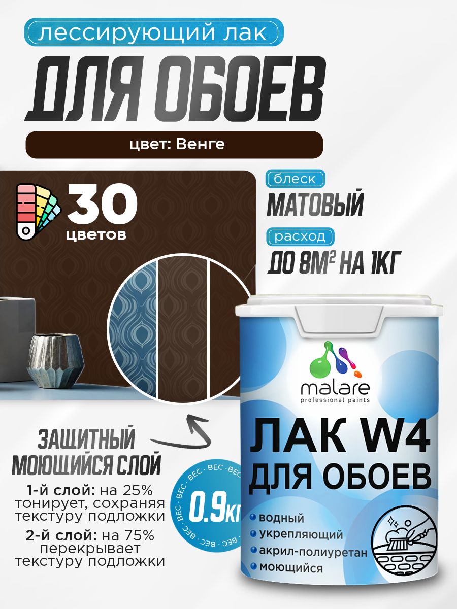 Лак колерованный тонирующий для защиты обоев Malare W4 универсальный для дерева и минеральных поверхностей, водный без запаха быстросохнущий, матовый, венге, 0.9 кг.