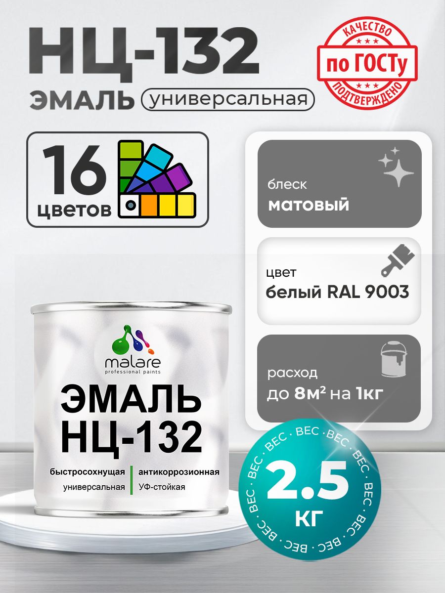 Эмаль Malare НЦ-132 краска для металла, минеральных поверхностей для внутренних и наружных работ антикоррозионная быстросохнущая RAL 9003, белый, матовая, 2,5 кг