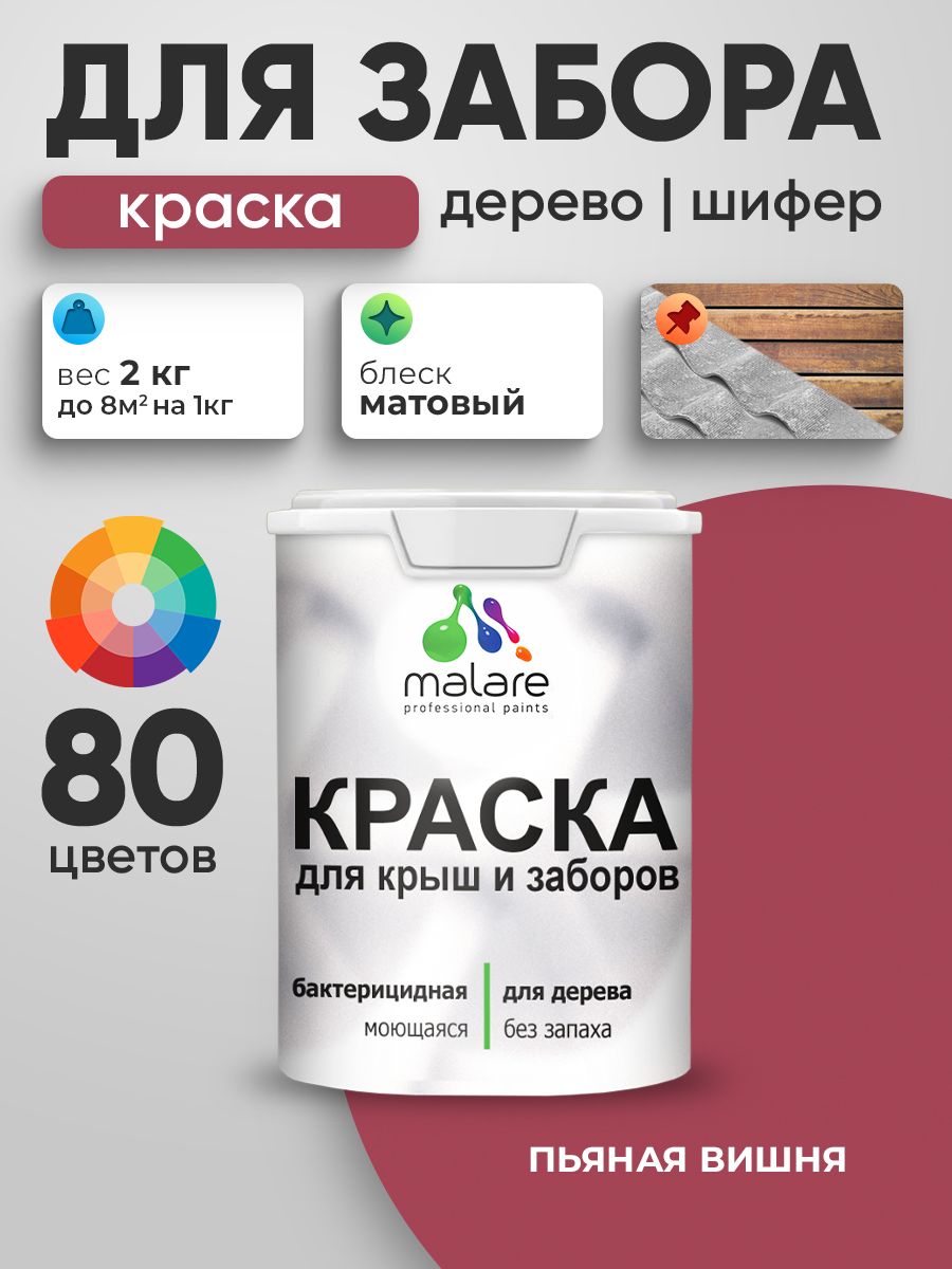 Акриловая краска Malare для деревянного забора/ по дереву для наружных и внутренних работ/ быстросохнущая моющаяся без запаха, матовая, пьяная вишня, 2 кг.