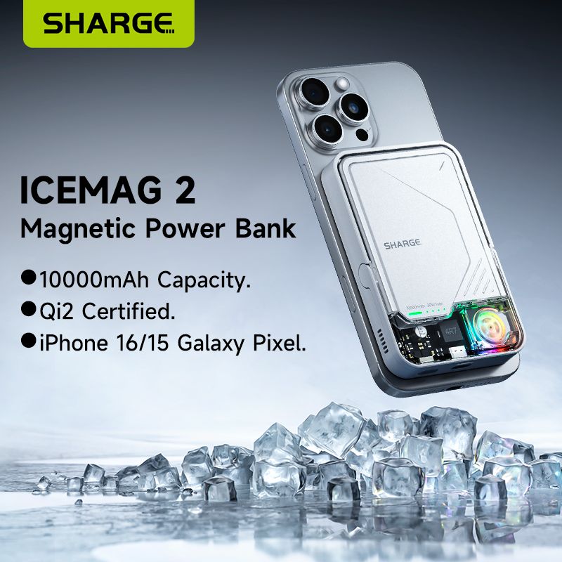 ПортативныйзарядныйблокSHARGEICEMAG2MagSafe,15WQi2сактивнымохлаждением,батарея10000mAh,складнаяподставка,прозрачный,дляiPhone16/15/14,GalaxyPixel.