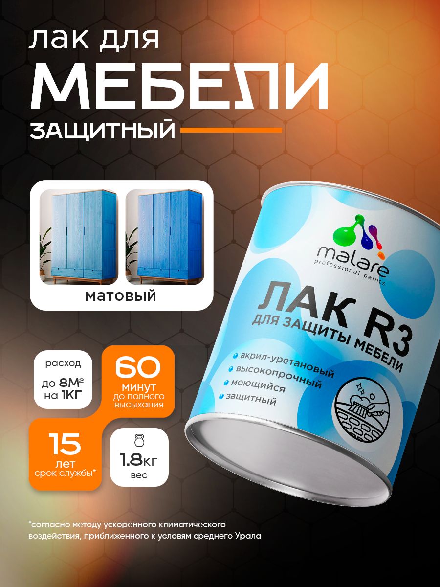 Лак для мебели Malare акрил-уретановый высокопрочный моющийся, универсальный для любых поверхностей, прозрачный матовый, 1.8 кг