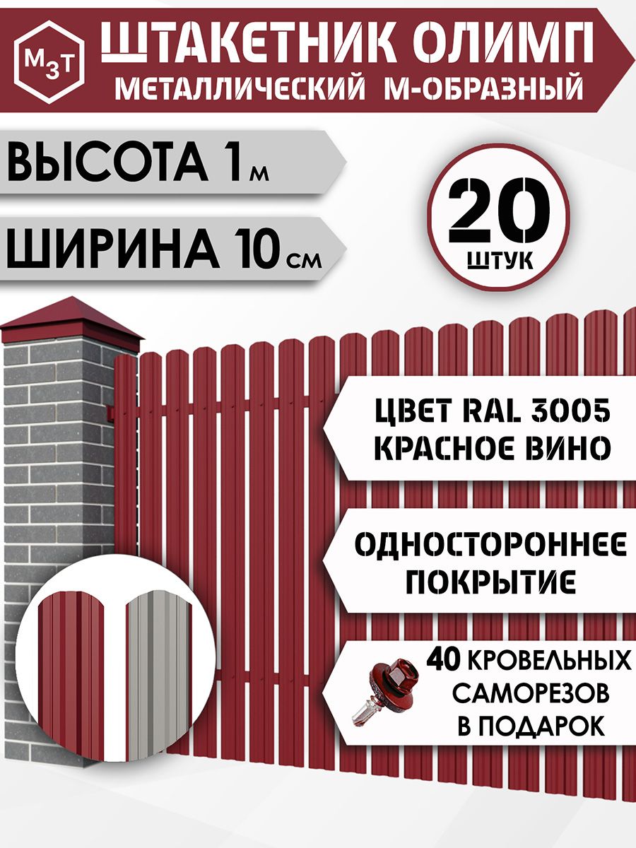 Штакетникметаллическийдлязабора1,18мМ-образныйRAL3005одностороннийкрасноевино,20шт+саморезы80штвцвет,евроштакетникоцинкованныйсполимернымпокрытиемдлядачи