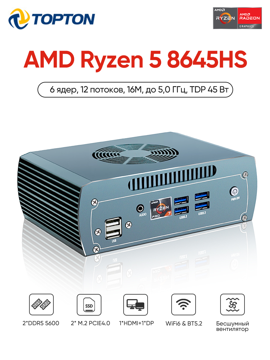 TOPTON Мини-ПК FU04 (AMD Ryzen 5 8645HS, RAM 64 ГБ, SSD 2048 ГБ, AMD ...
