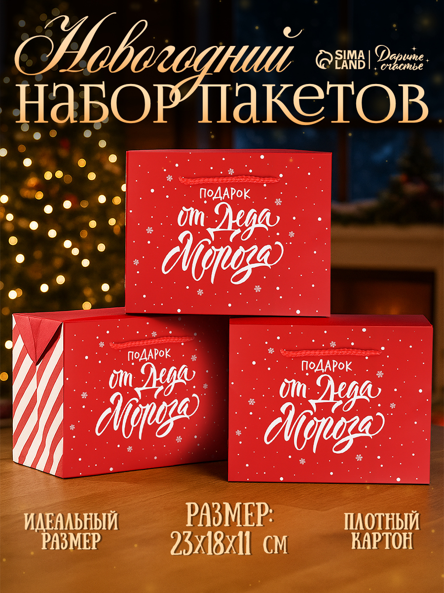 Пакеты новогодние подарочные, набор 3 шт, 23 х 18 х 11 см