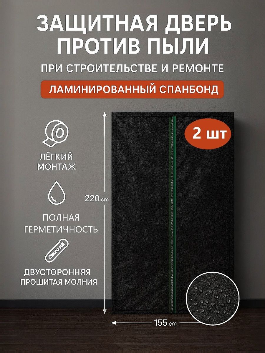 Дверьзащитнаявременнаяпротивпылипристроительствеиремонте,2ШТламинированныйспанбонд,застежкамолния,155*220см(Черный)