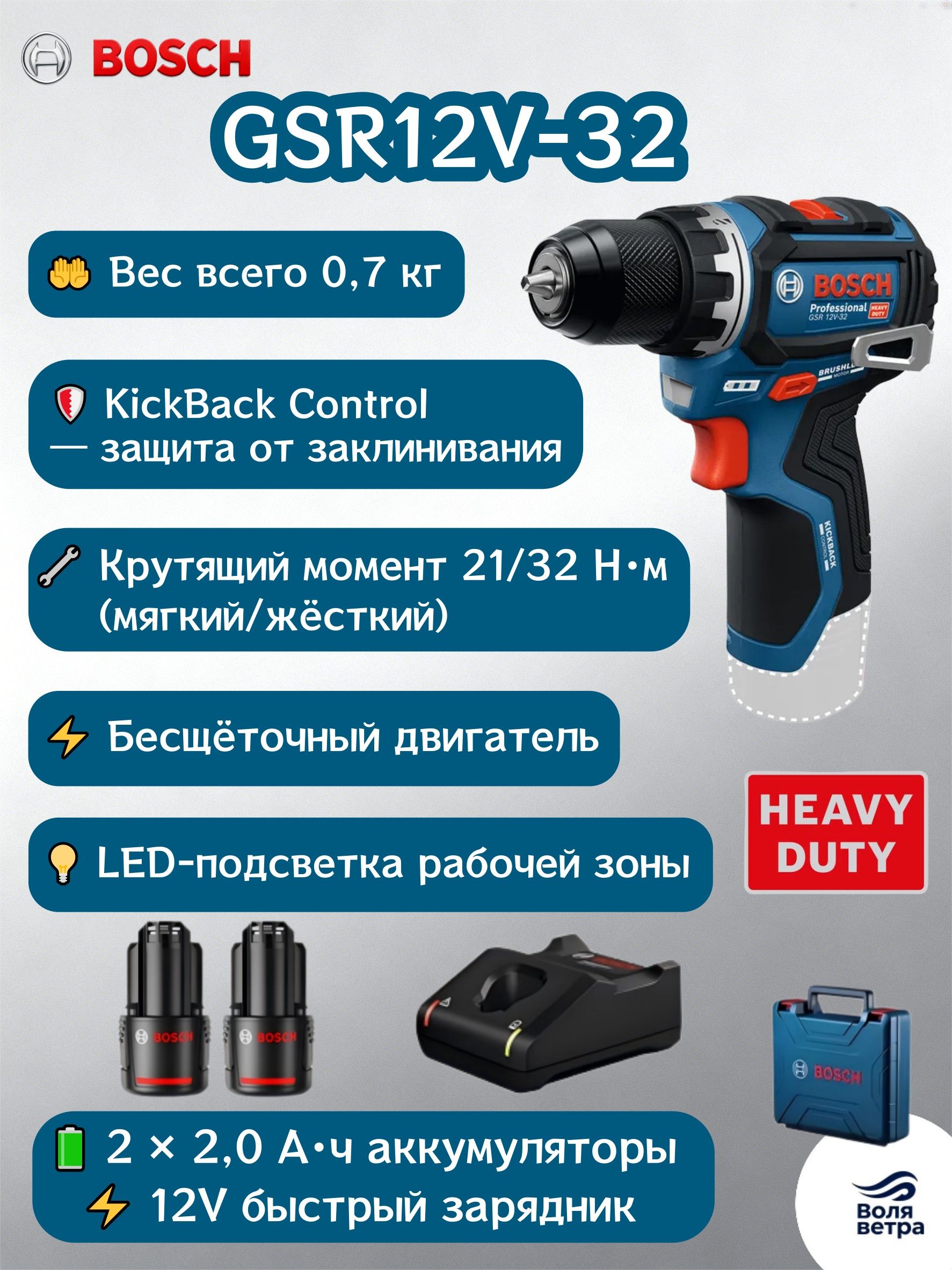 Kick Back Control аккумуляторная дрель-шуруповёрт 12V бесщёточная компактная 32 Нм ...