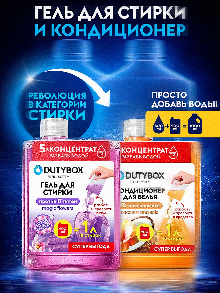НабордлястиркиDUTYBOXRefillконцентратыГельдлястирки+Кондиционердлябелья,200мл(1лx2шт),18стирок