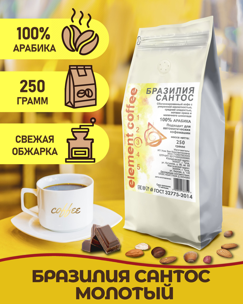 Кофе молотый 250 грамм 100% арабика Бразилия Сантос #1